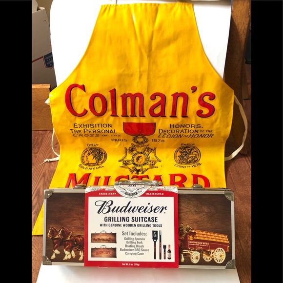 Budweiser, Colman’s Other - NWT Barbecue Grill Set and Vintage Oilcloth Apron